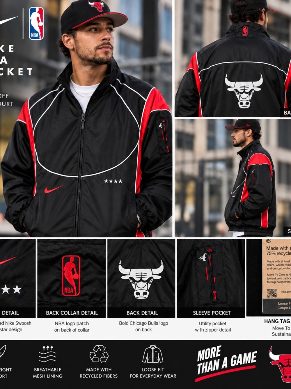 Nike Chicago Bulls NBA Jacket Mens XXL Black Red Courtside Loose Fit NWT